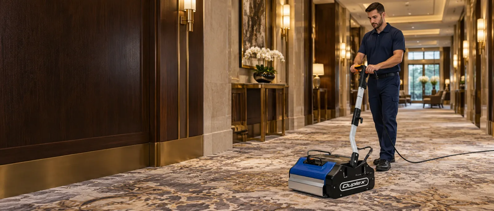 Technicien nettoyant la moquette d’un couloir d’hôtel avec une autolaveuse Duplex