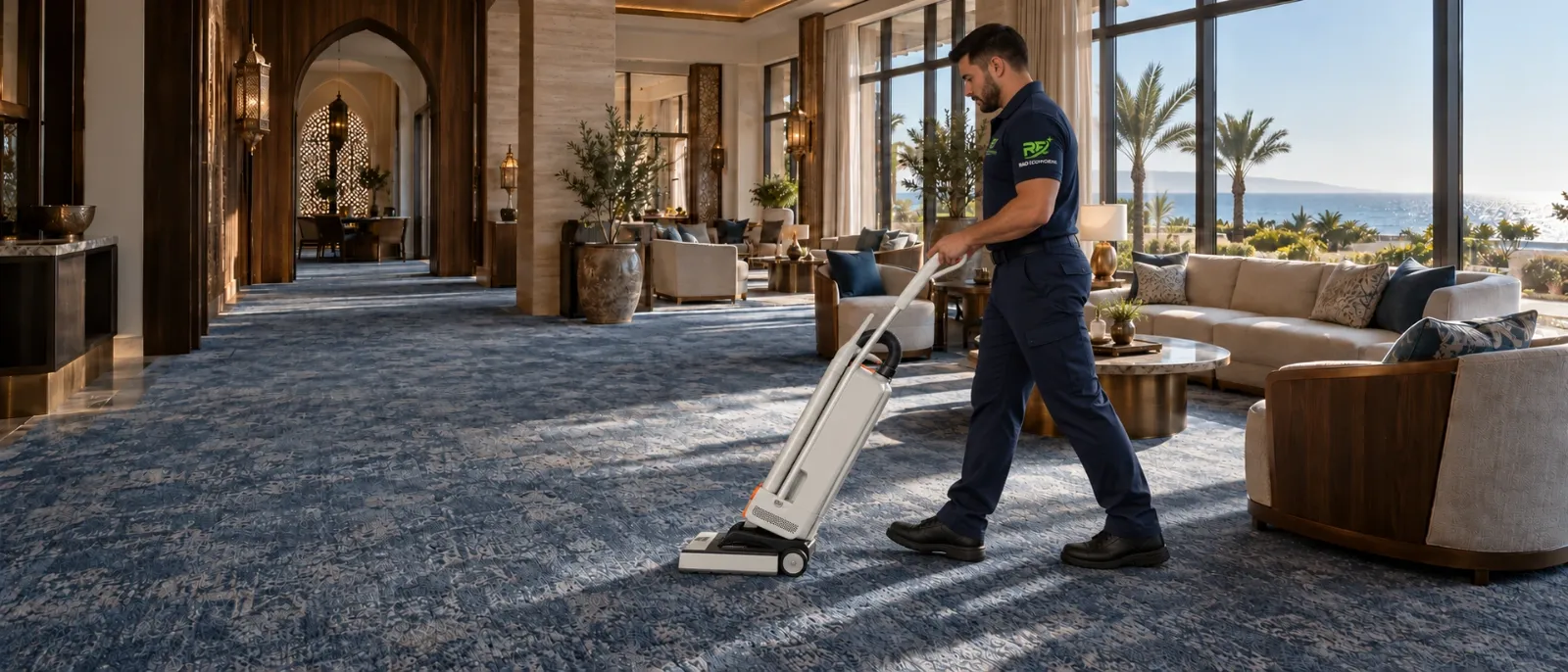 Technicien aspirant la moquette d’un salon de resort meublé de canapés et fauteuils